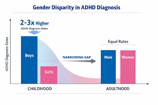 Boys diagnosed with ADHD 2-3 times more than girls despite equal adult diagnosis rates