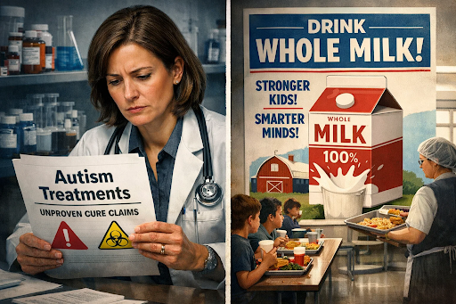 “Editorial image illustrating concerns over unproven autism treatments and government-backed whole milk promotion, highlighting tensions between public health safety and federal policy.”