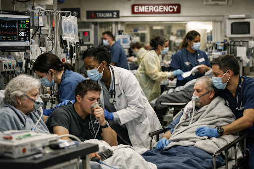 “Hospital emergency room crowded with patients during severe flu season as doctors and nurses provide urgent care.”